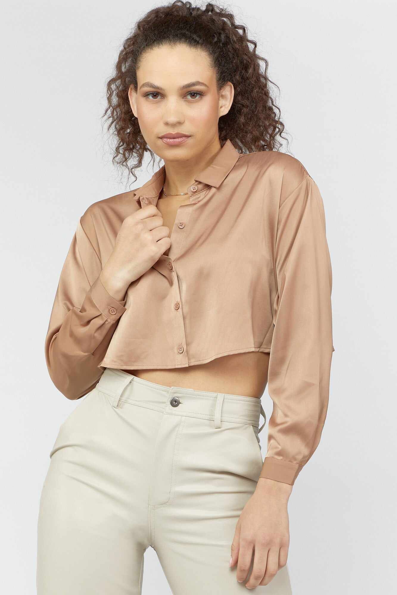 Women Apparel | Satin Button-Front Cropped Shirt Taupe Forever21 - LV97076