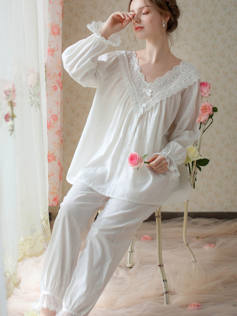 Elegant V Neck Loose Cotton Long Sleeve Pajama Set