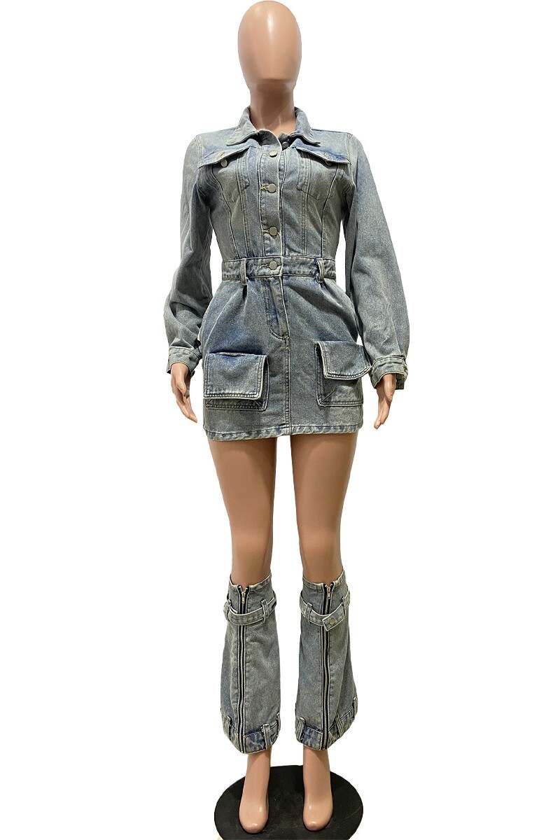 Blue Casual Solid Patchwork Turndown Collar Long Sleeve Regular Denim Dresses (With Pantyhose)