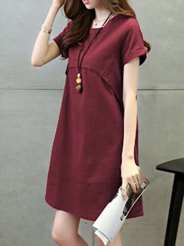 Women Casual Dresses | Solid Short Sleeve Pocket Casual Crew Neck Dress - AX71567