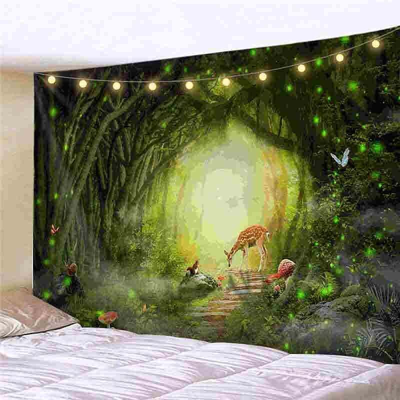 Landscape LED Lights Wall Tapestry Art Decor Forest Tree Print