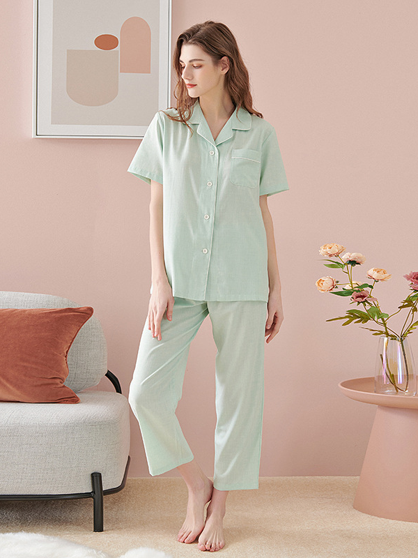 Bamboo Fiber Plain Casual Short Sleeve Couple Pajama Set