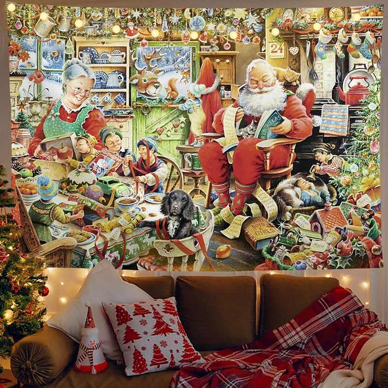 Christmas Decor LED Lights Wall Tapestry Fireplace Santa Claus Print