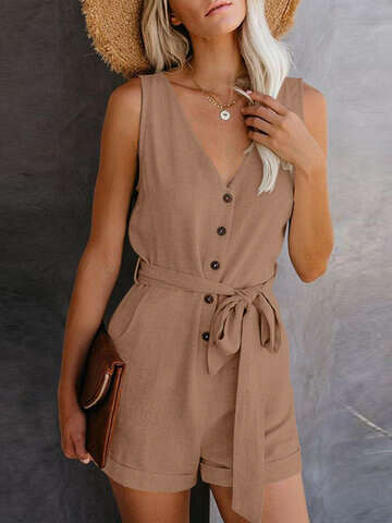 Women Jumpsuits & Rompers | Solid Button Belt Pocket V-neck Rolled Hem Romper - JN55152