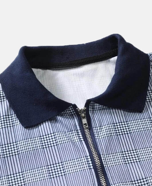 Casual Plaid Print Lapel Collar Zipper Short Sleeve Polo Shirt