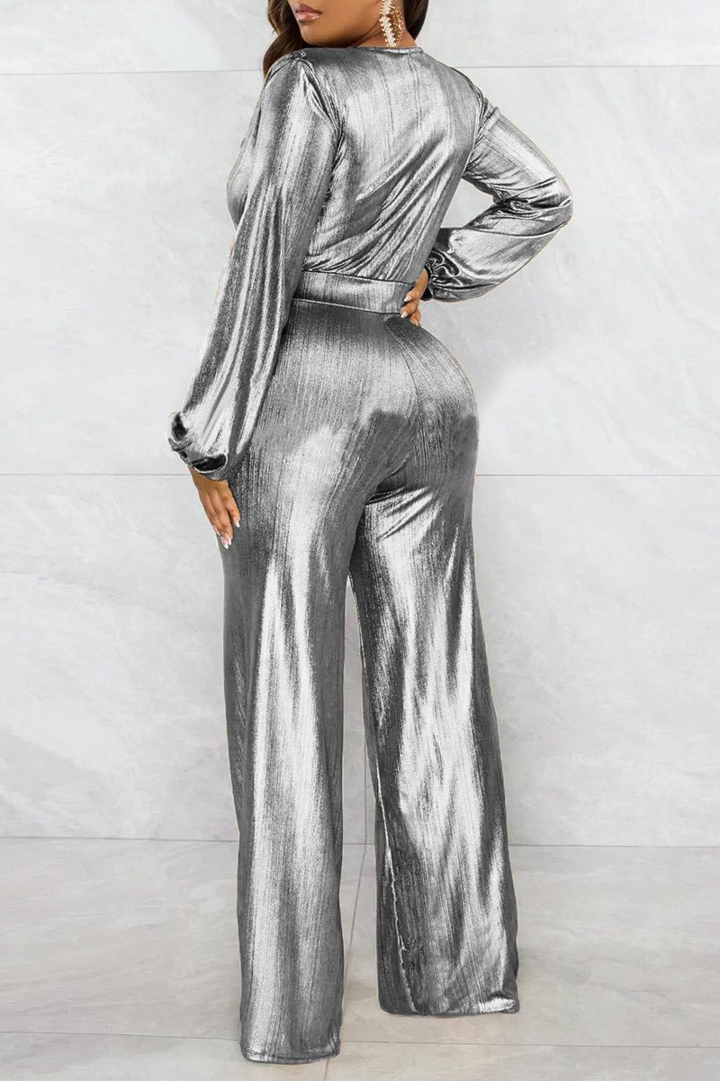 Silver Street Solid Patchwork V Neck Boot Cut Jumpsuits