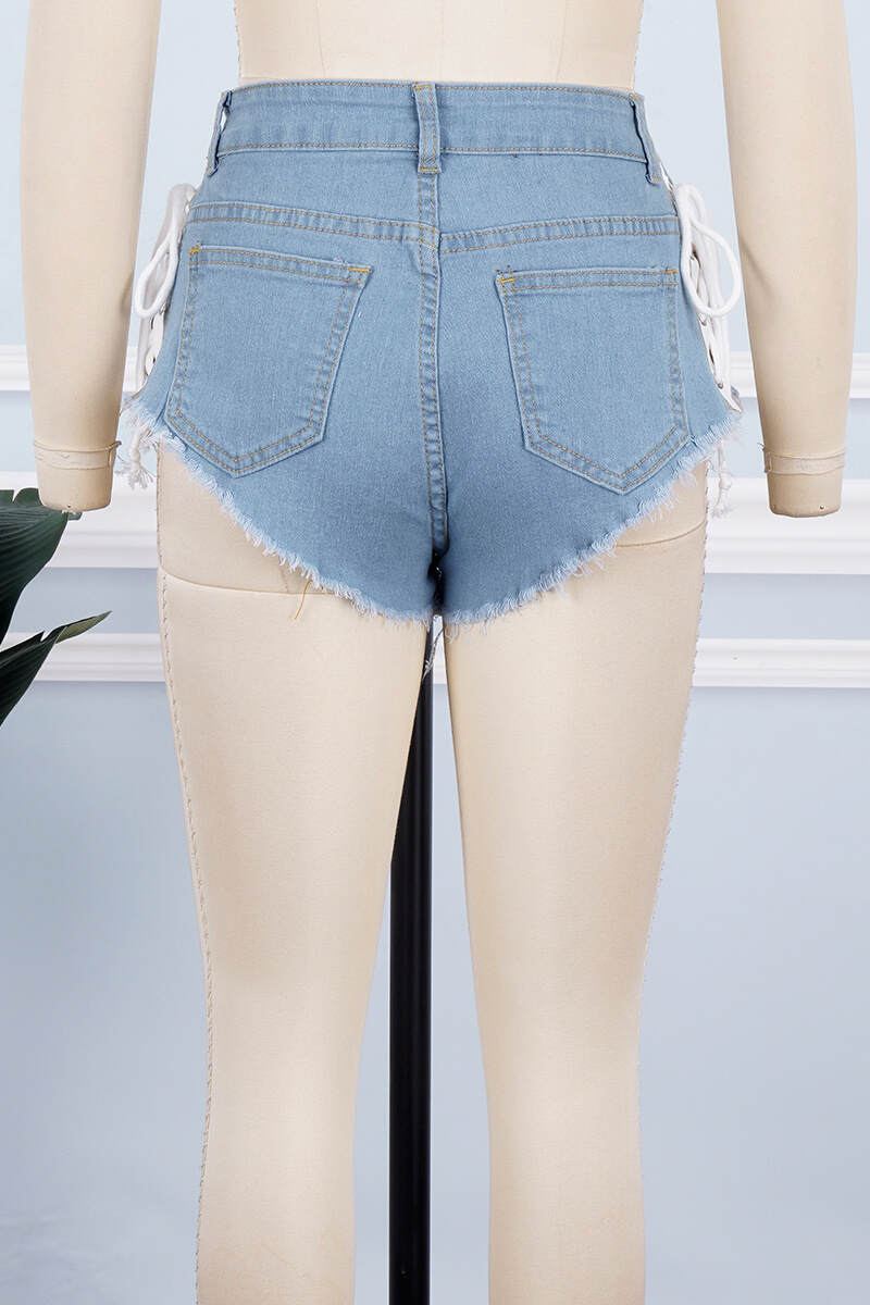 Light Blue Sexy Solid Ripped Pocket Buttons Cross Straps Zipper Regular Low Waist Solid Color Bottoms