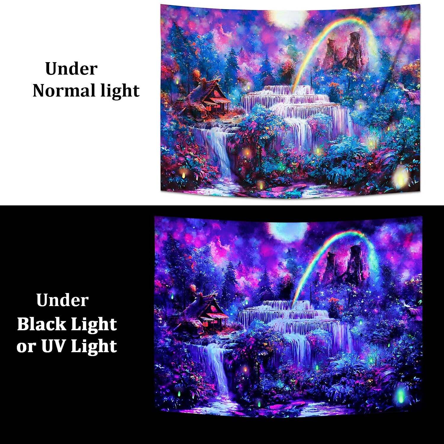 Blacklight Tapestry UV Reactive Trippy Wonderland Misty Forest Nature Landscape