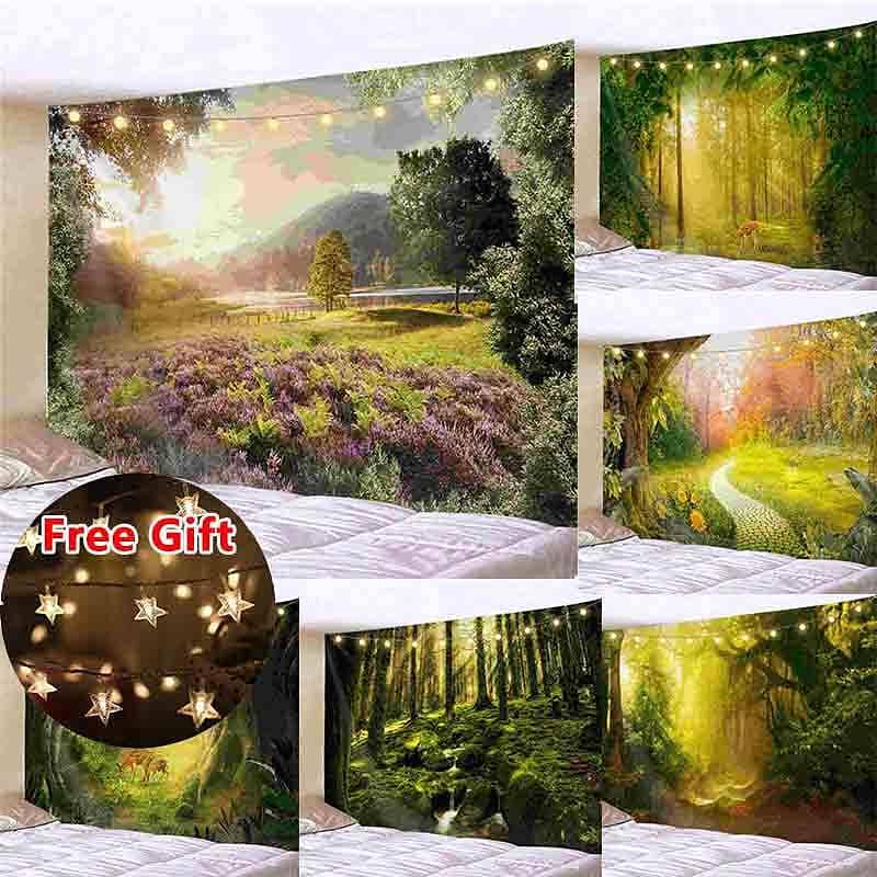 Landscape LED Lights Wall Tapestry Art Decor Forest Tree Print