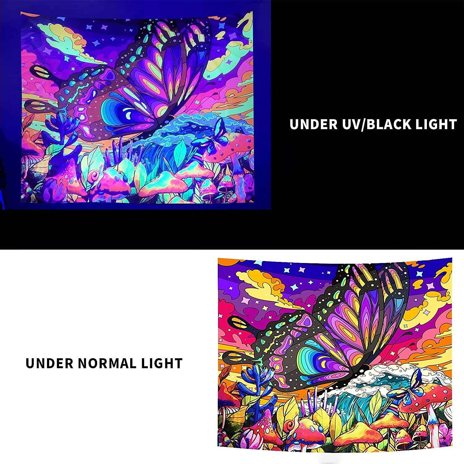 Blacklight Tapestry UV Reactive Trippy Butterfly Mushroom