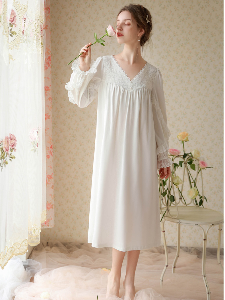 Vacation Cotton Lace V Neck Nightdress