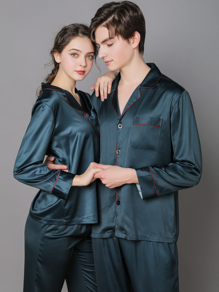 Ice Silk Plain Shawl Collar Casual Long Sleeve Couple Pajama Set