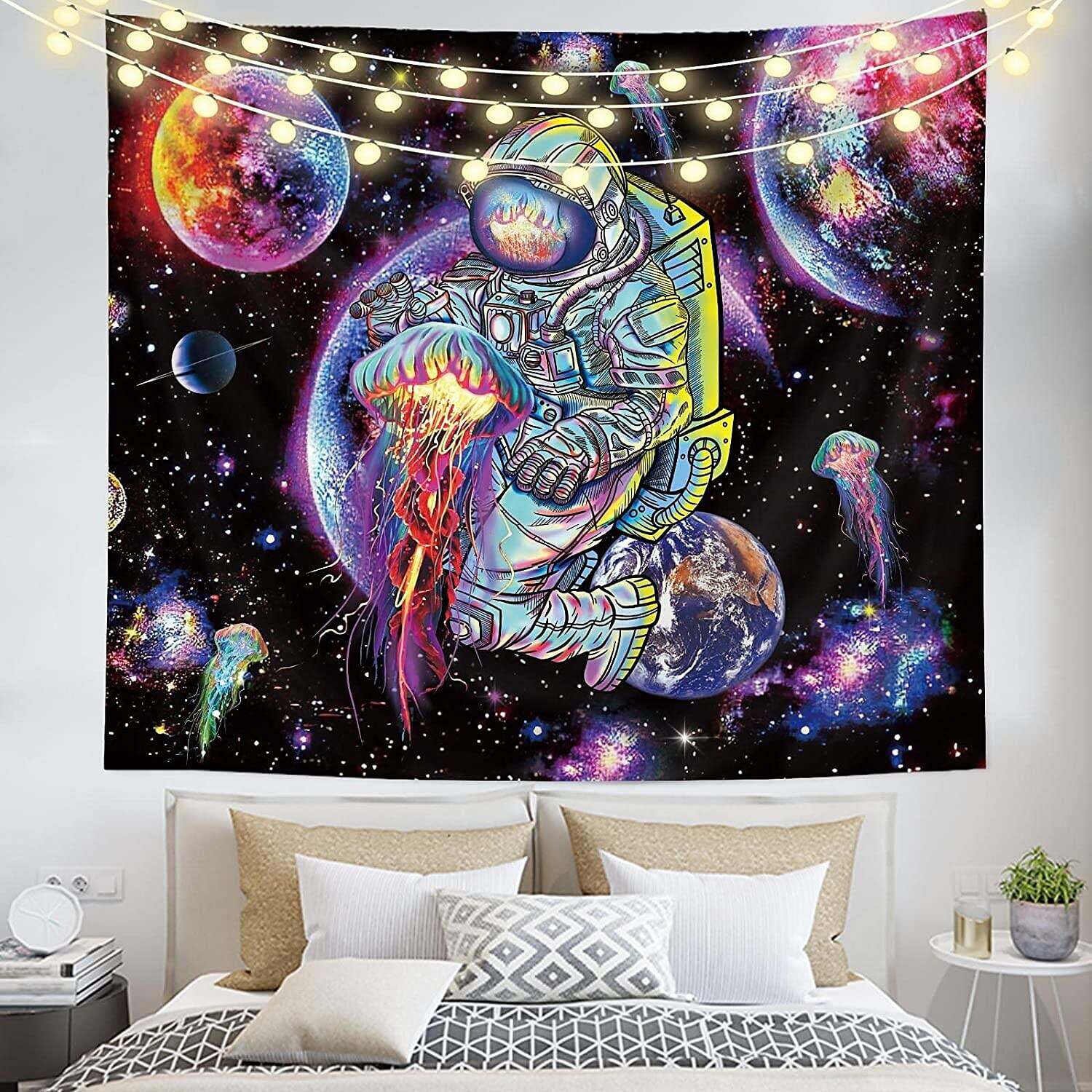 Blacklight Tapestry UV Reactive Galaxy Jellyfish Nature Landscape