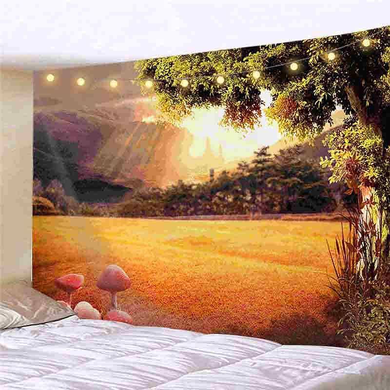 Landscape LED Lights Wall Tapestry Art Decor Forest Waterfall Print