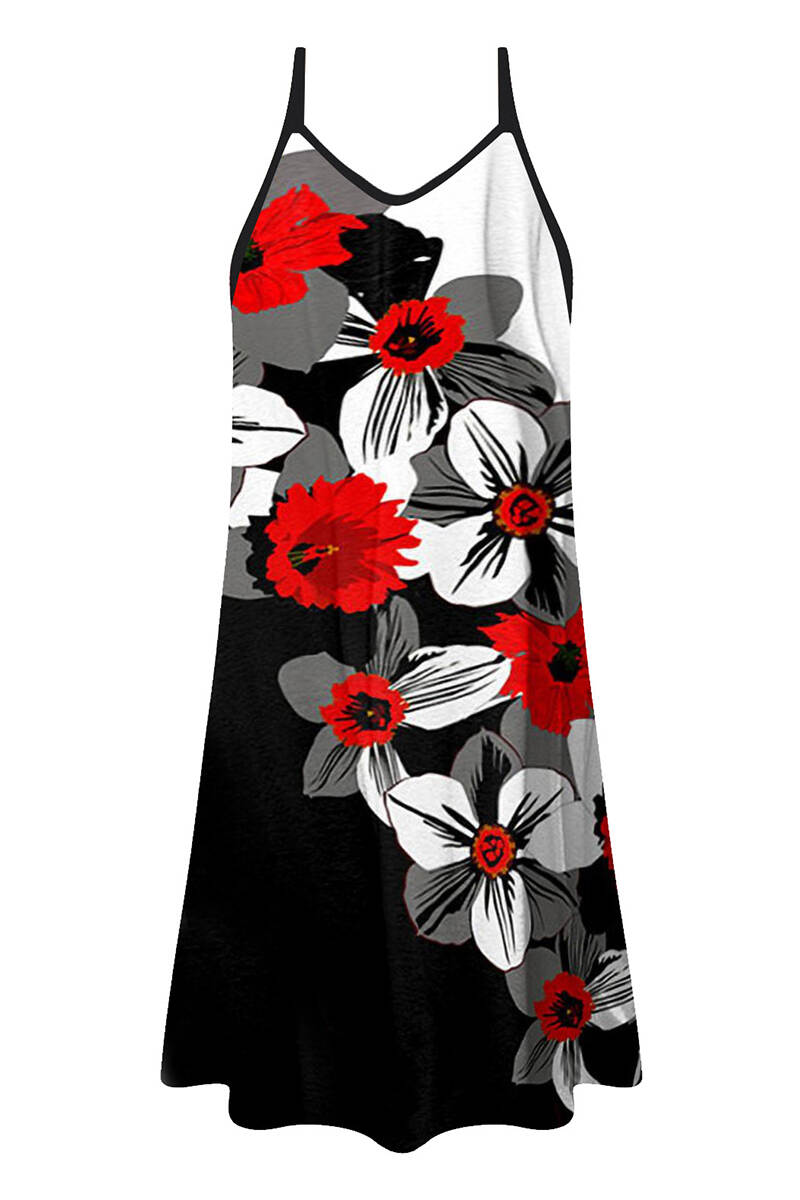 Black Red Casual Print Backless Spaghetti Strap Long Dress Dresses