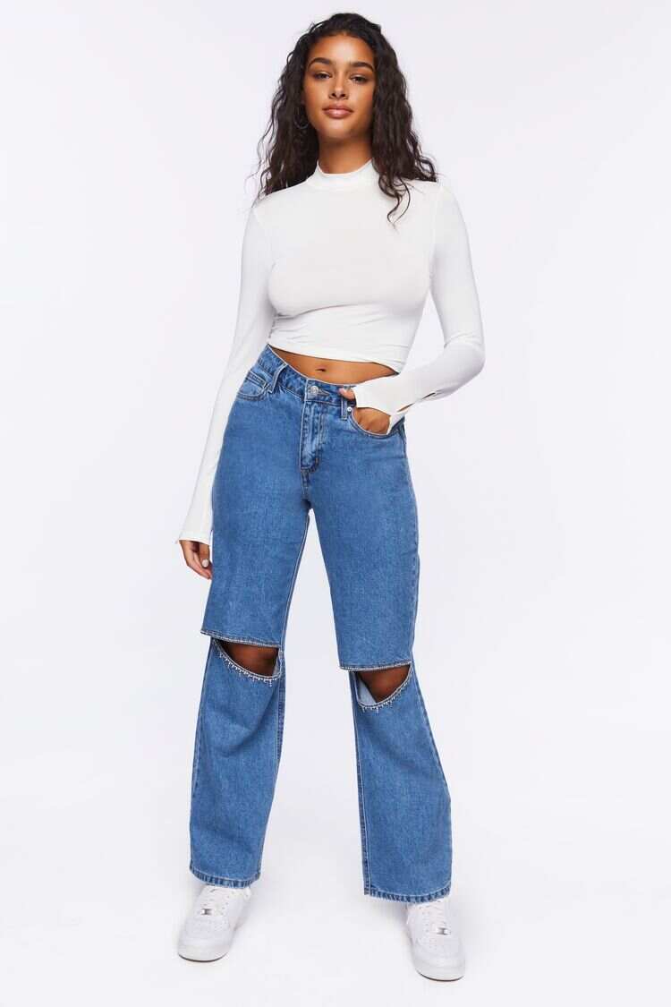 Women Apparel | Rhinestone Split-Knee 90s-Fit Jeans Light Denim Blue Forever21 - KE97553