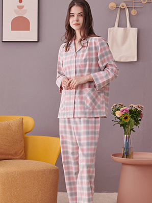 Cotton Regular Fit Casual Plaid Shawl Collar Long Sleeve Pajama Set