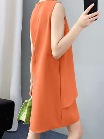 Women Casual Dresses | Solid Ruffle Front Crew Neck Sleeveless Casual A-line Dress - WP59890