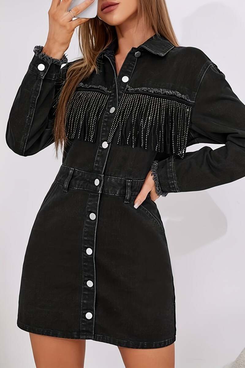 Black Casual Solid Tassel Patchwork Turndown Collar Long Sleeve High Waist Regular Denim Dresses