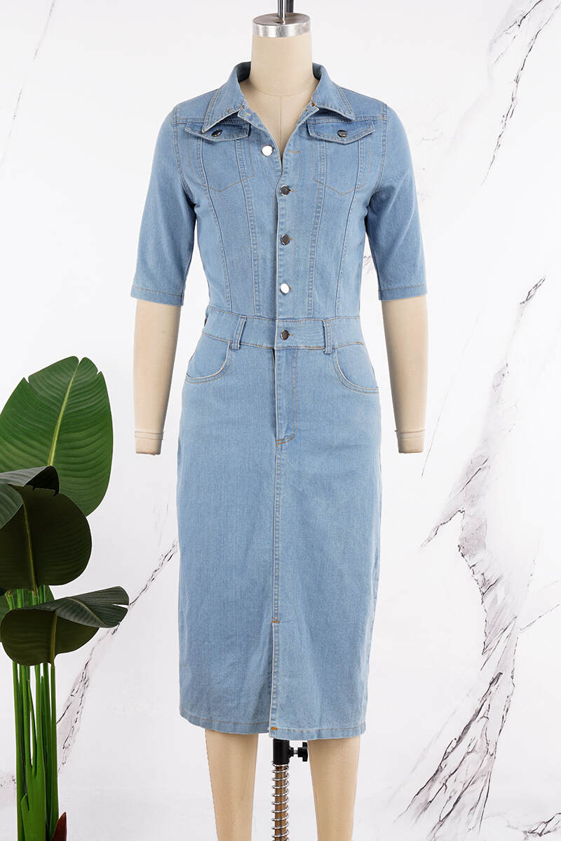 Light Blue Casual Solid Patchwork Turndown Collar Half Sleeve Denim Dresses