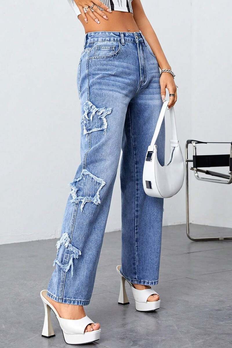 Blue Casual Solid Patchwork High Waist Straight Denim Jeans