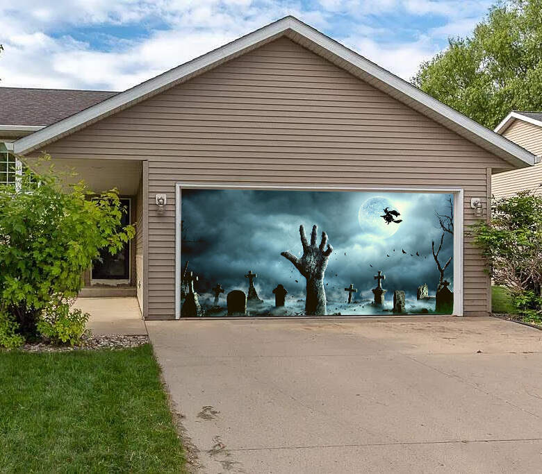 Spooky Graveyard Halloween Garage Door Banner Mural on a Full Moon Nig