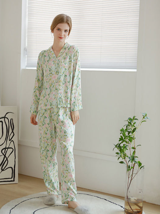 Floral Casual V Neck Regular Fit Long Sleeve Pajama Set