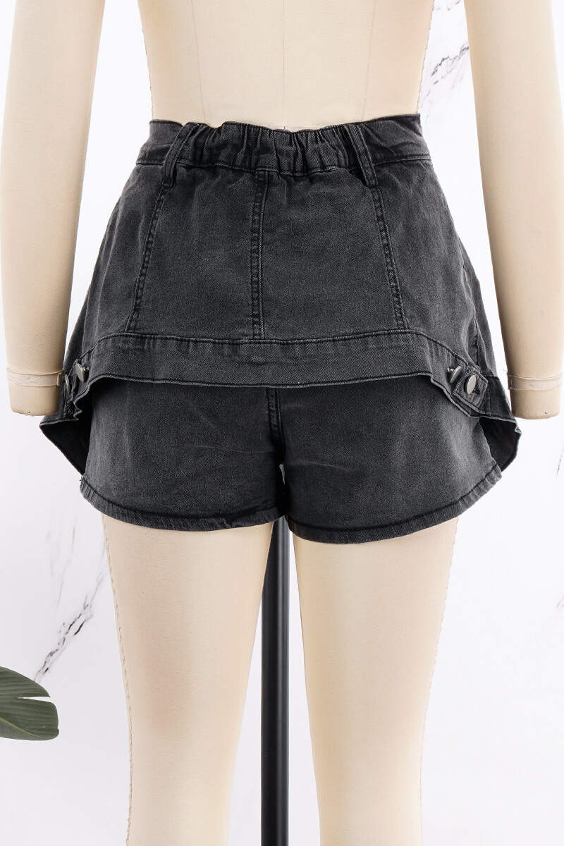 Black Street Solid Patchwork Buckle Zipper Mid Waist Denim Shorts