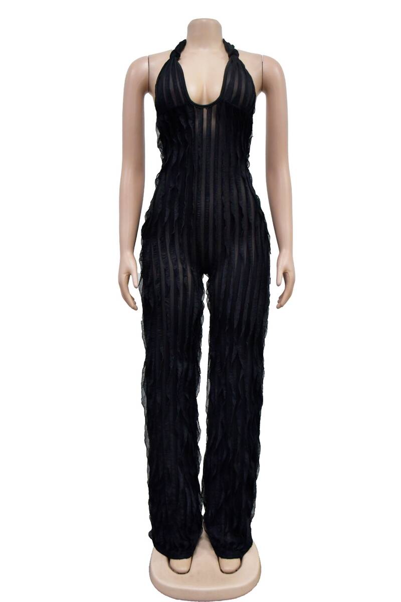 Black Sexy Casual Solid Backless Halter Skinny Jumpsuits