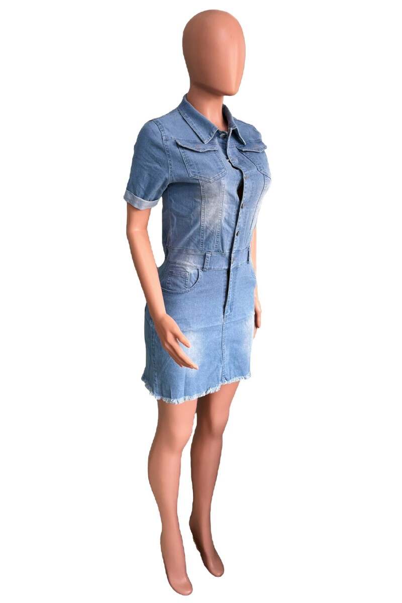 Sky Blue Casual Solid Patchwork Turndown Collar Short Sleeve Skinny Denim Dresses