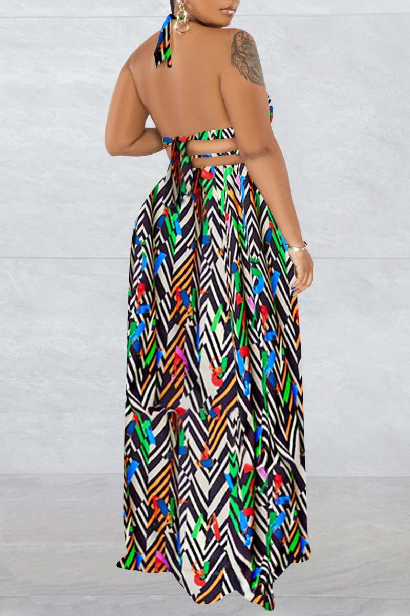 Stripe Sexy Print Bandage Backless Spaghetti Strap Long Dress (Without Waist Chain ,Subject To The Actual Object)