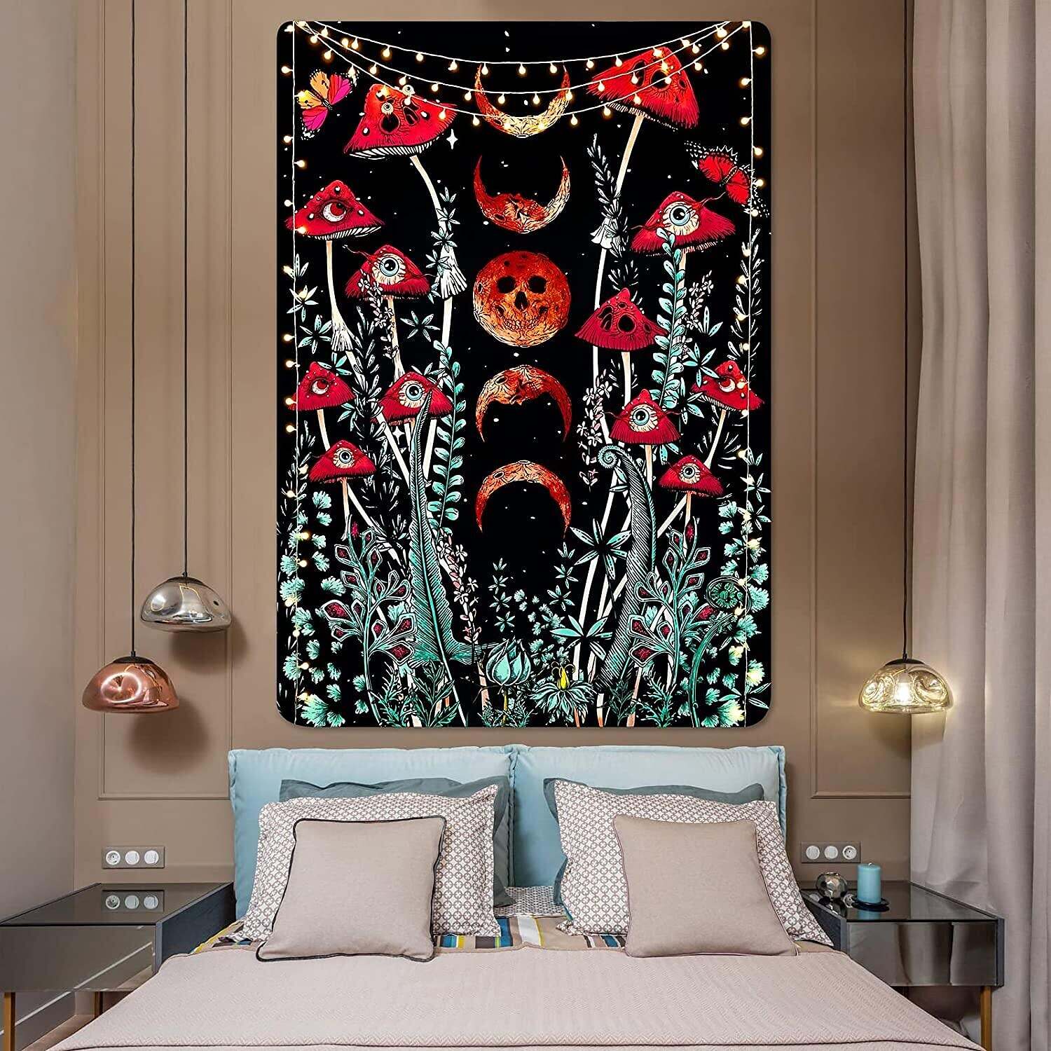 Trippy Mushroom Wall Tapestry Art Decor Moon Phase Plant