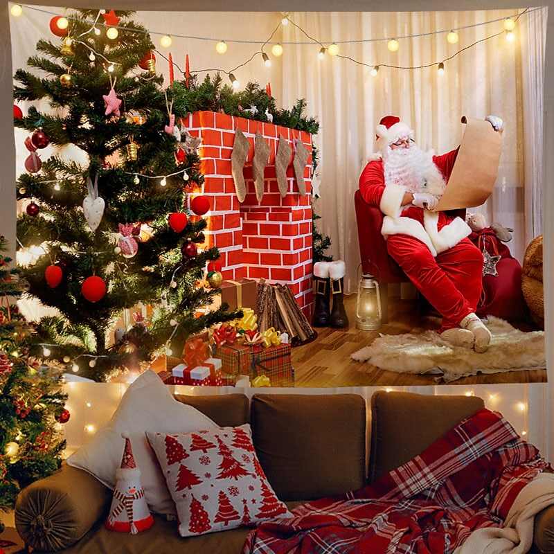 Christmas Decor LED Lights Wall Tapestry Santa Claus Christmas Tree Print