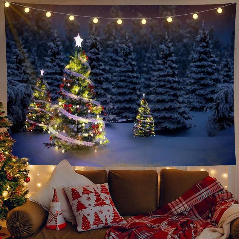 Christmas Decor LED Lights Wall Tapestry Snow Forest Christmas Tree Print