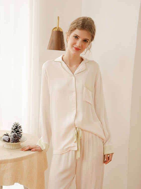 Simple Regular Fit V Neck Plain Long Sleeve Pajama Set