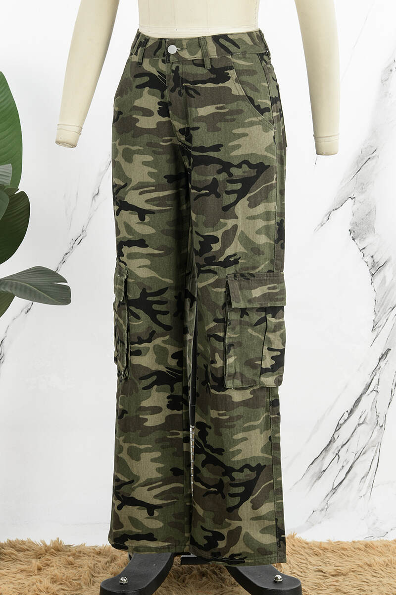 Army Green Casual Camouflage Print Patchwork Mid Waist Denim Jeans