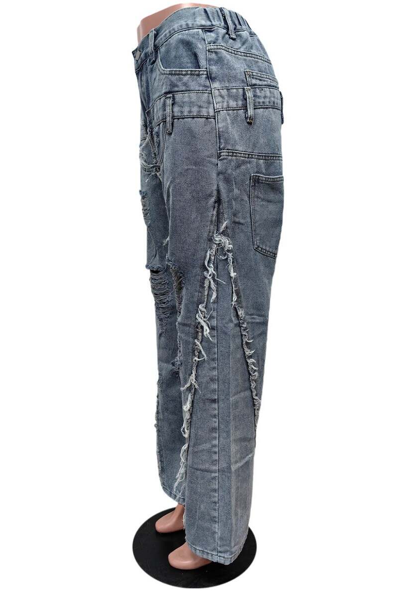 Light Blue Casual Solid Ripped Patchwork High Waist Regular Denim Jeans