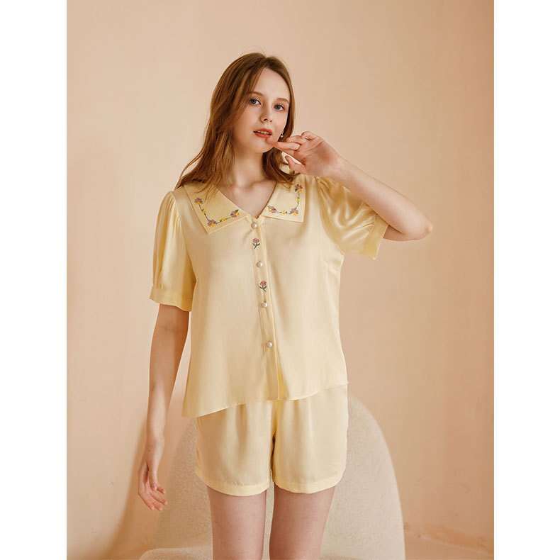 Loose Shawl Collar Vacation Plain Short Sleeve Pajama Set