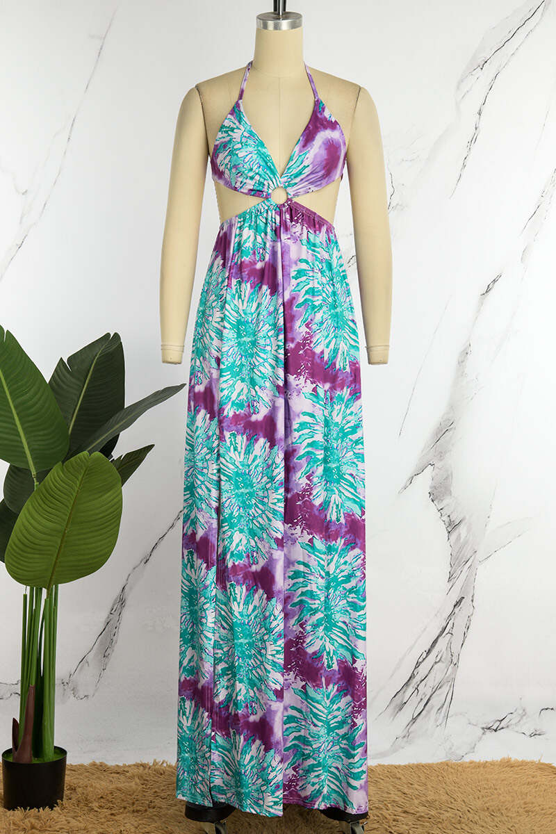 Purple Sexy Print Bandage Backless Spaghetti Strap Long Dress (Without Waist Chain ,Subject To The Actual Object)