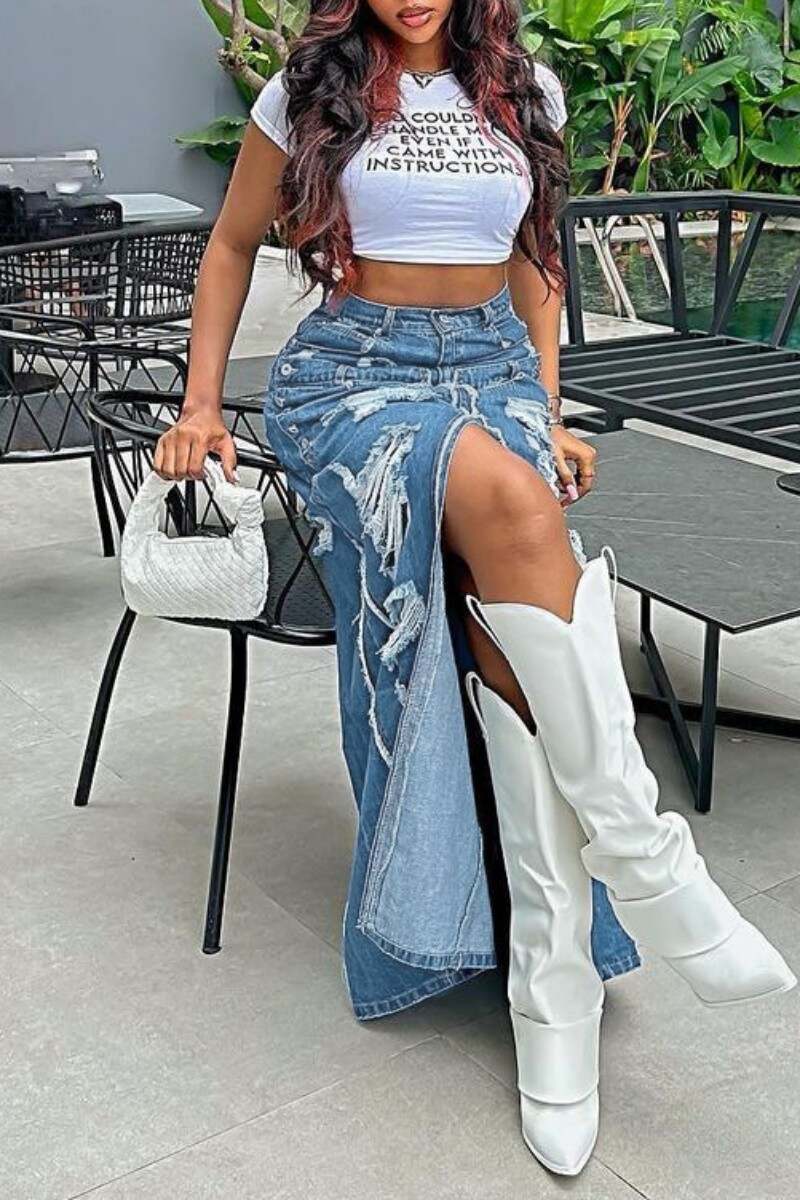 Blue Casual Solid Ripped Patchwork Slit High Waist Regular Denim Skirts