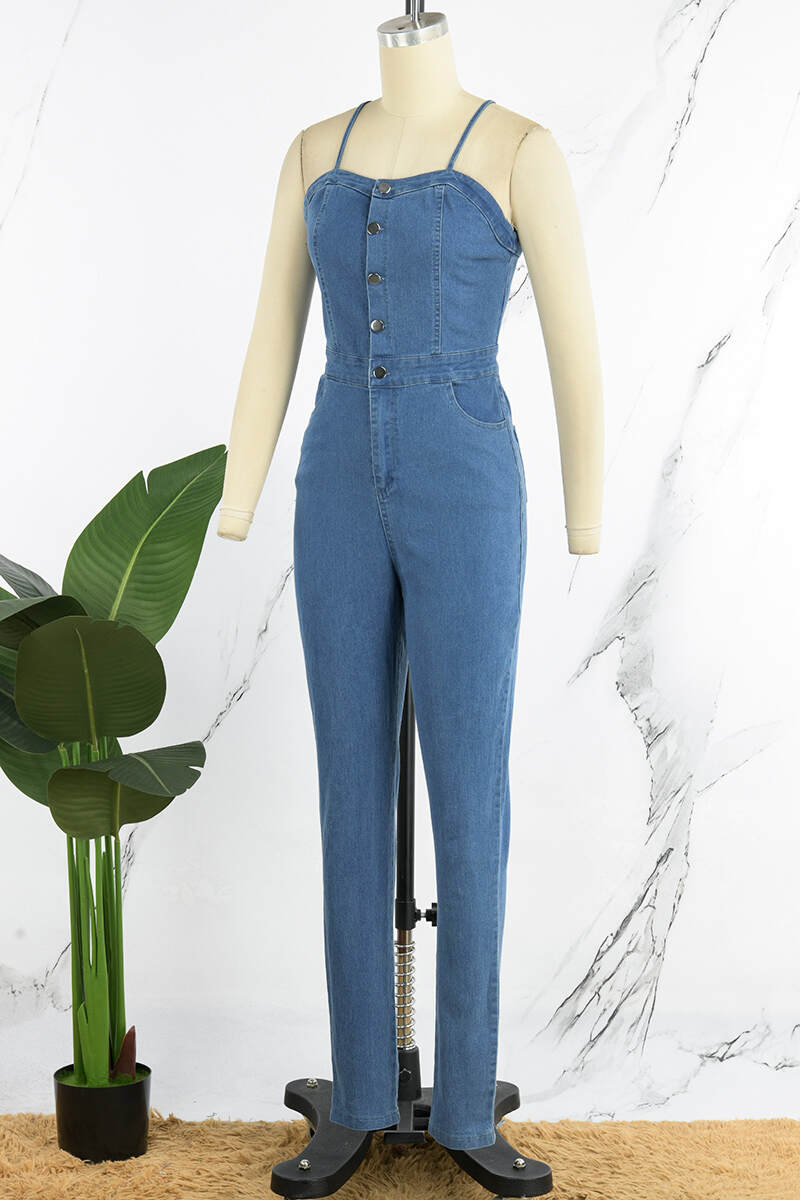 Sky Blue Sexy Casual Solid Backless Spaghetti Strap Sleeveless Skinny Denim Jumpsuits