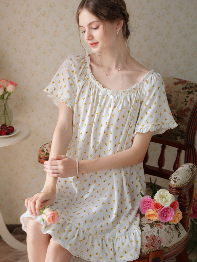 Simple Plain Cotton Floral Others Nightdress