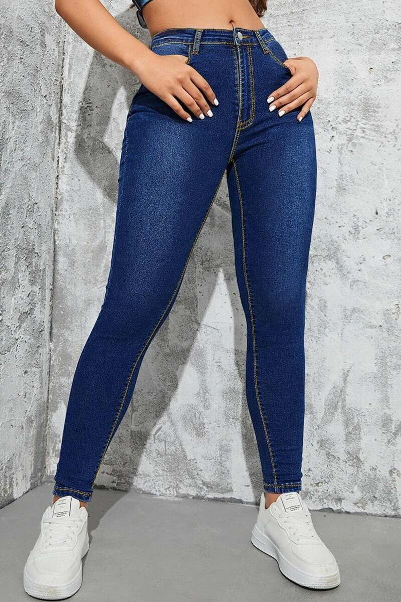 Deep Blue Casual Solid Patchwork High Waist Skinny Denim Jeans