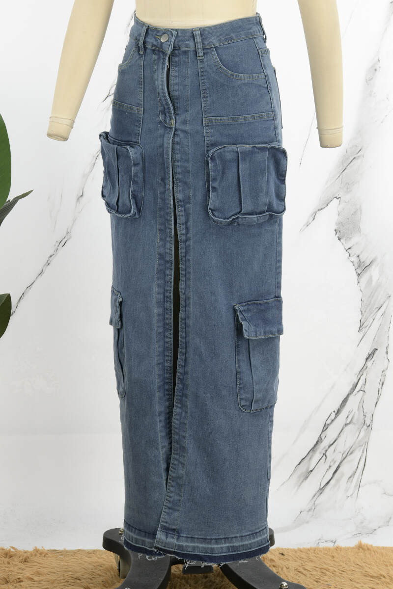 Deep Blue Casual Solid Patchwork Slit High Waist Regular Denim Skirts