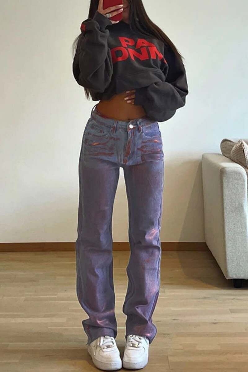 Red Casual Tie Dye Patchwork High Waist Regular Denim Jeans