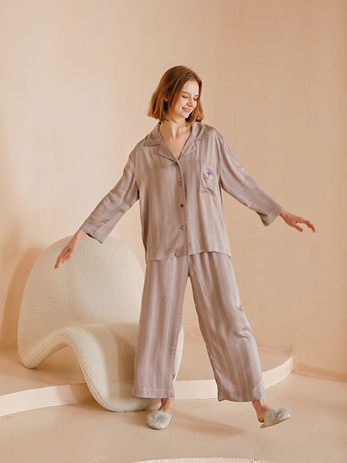 Striped Simple Shawl Collar Loose Long Sleeve Pajama Set