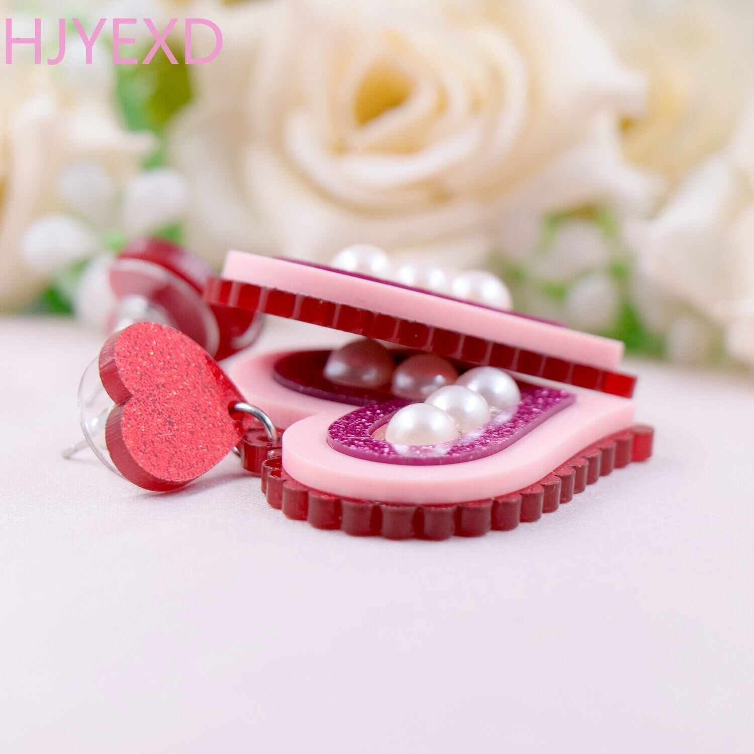 （1pair) Valentine Handmade Gift For Women Vintage Pearl Acrylic Heart Earrings Jewelry