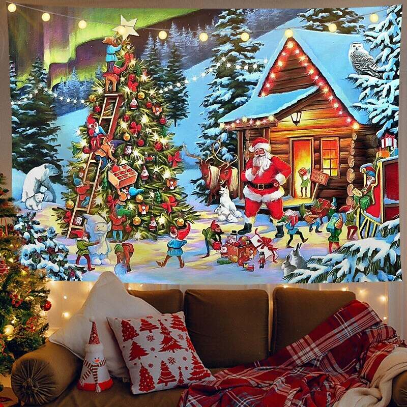 Christmas Decor LED Lights Wall Tapestry Santa Claus Print