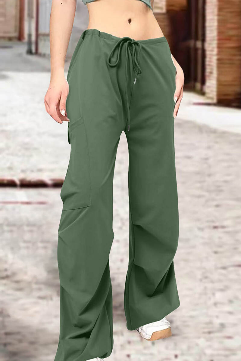 Light Green Street Solid Patchwork Draw String Pocket Straight High Waist Straight Solid Color Bottoms