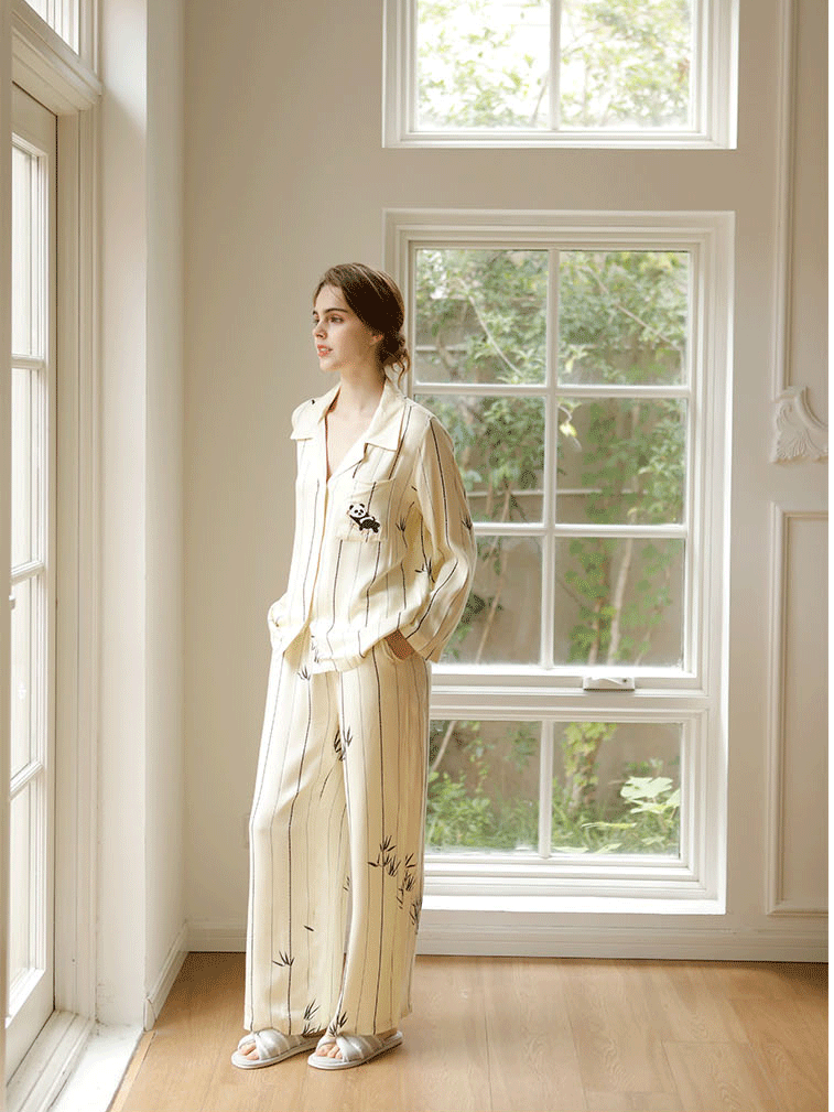 Vacation Shawl Collar Striped Satin Long Sleeve Pajama Set